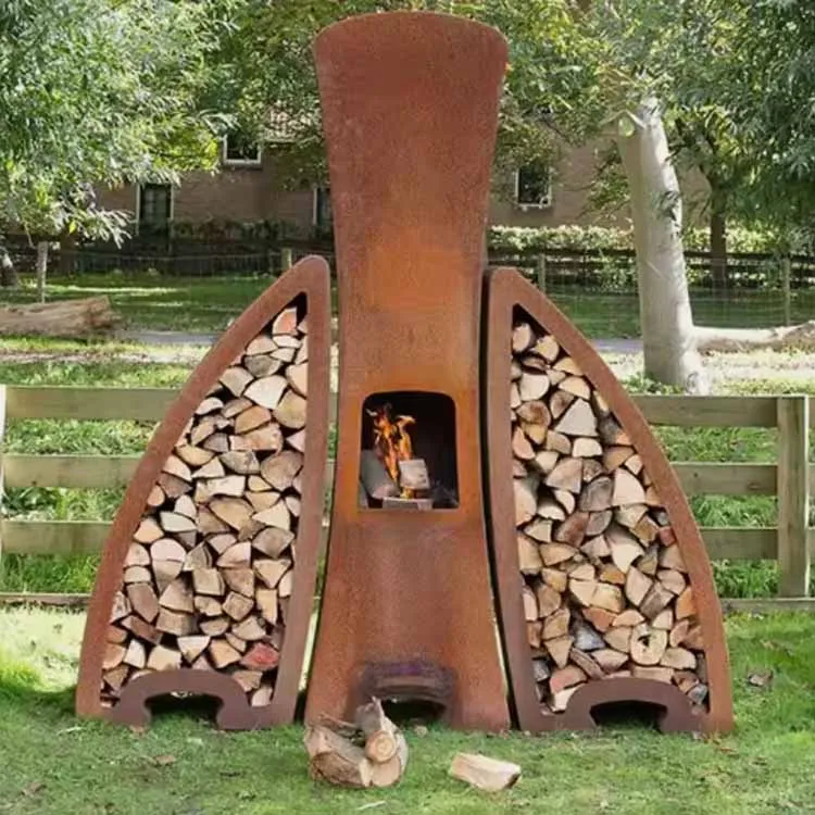 Chimenea con forma de bola y brasero de acero corten
