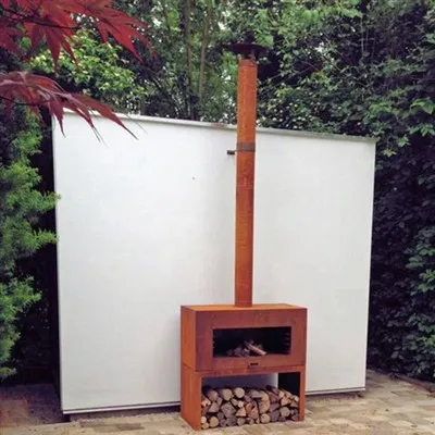 Chimenea de acero corten para jardín y almacenamiento de leña para exteriores